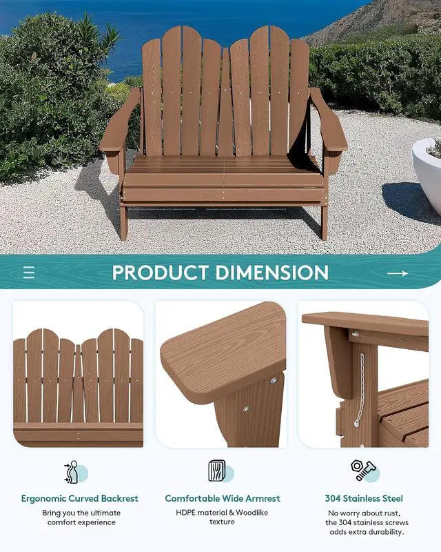 Alt view image 7 of 7 - Folding Adirondack Bench, HDPE All-Weather Adirondack Loveseat, 660 lbs Capacity, Foldable Outdoor Patio Bench for Deck, Lawn, Garden, Brown