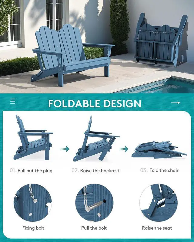 Alt view image 4 of 7 - Outdoor Folding Adirondack Bench, HDPE All-Weather Adirondack Loveseat, 660 lbs Capacity, Foldable Outdoor Patio Bench for Deck, Lawn, Garden, Navy