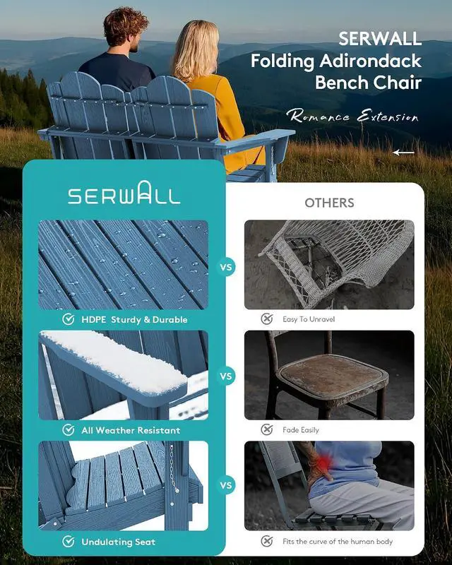 Alt view image 6 of 7 - Outdoor Folding Adirondack Bench, HDPE All-Weather Adirondack Loveseat, 660 lbs Capacity, Foldable Outdoor Patio Bench for Deck, Lawn, Garden, Navy