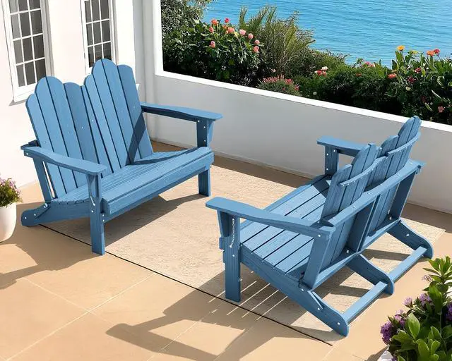 Main image of Folding Adirondack Bench, HDPE All-Weather Adirondack Loveseat Set of 2, Navy
