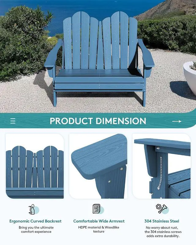 Alt view image 5 of 7 - Outdoor Folding Adirondack Bench, HDPE All-Weather Adirondack Loveseat, 660 lbs Capacity, Foldable Outdoor Patio Bench for Deck, Lawn, Garden, Navy