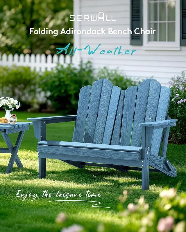 Alt view image 3 of 7 - Outdoor Folding Adirondack Bench, HDPE All-Weather Adirondack Loveseat, 660 lbs Capacity, Foldable Outdoor Patio Bench for Deck, Lawn, Garden, Navy