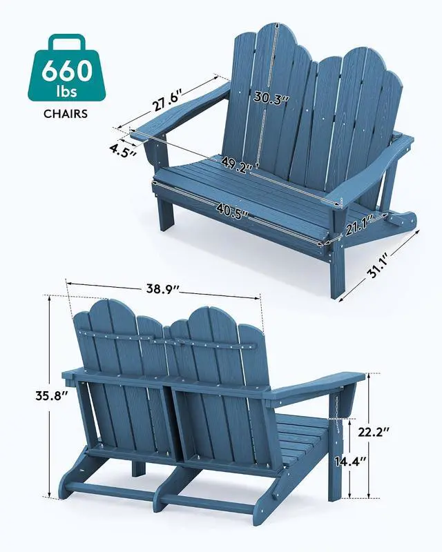 Alt view image 3 of 7 - Folding Adirondack Bench, HDPE All-Weather Adirondack Loveseat Set of 2, Navy