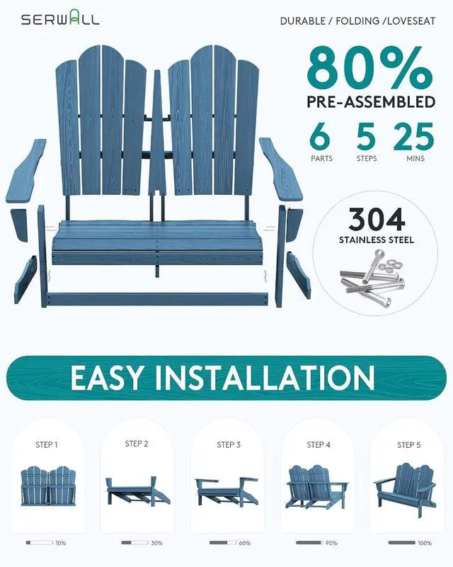 Alt view image 2 of 7 - Outdoor Folding Adirondack Bench, HDPE All-Weather Adirondack Loveseat, 660 lbs Capacity, Foldable Outdoor Patio Bench for Deck, Lawn, Garden, Navy