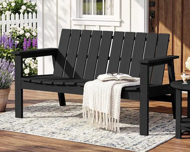 Main image of HDPE Outdoor Bench, 2-Person All-Weather Outdoor Bench, Patio Garden Bench with 660 lbs Capacity, Outdoor Patio Bench for Deck, Lawn, Garden, Black