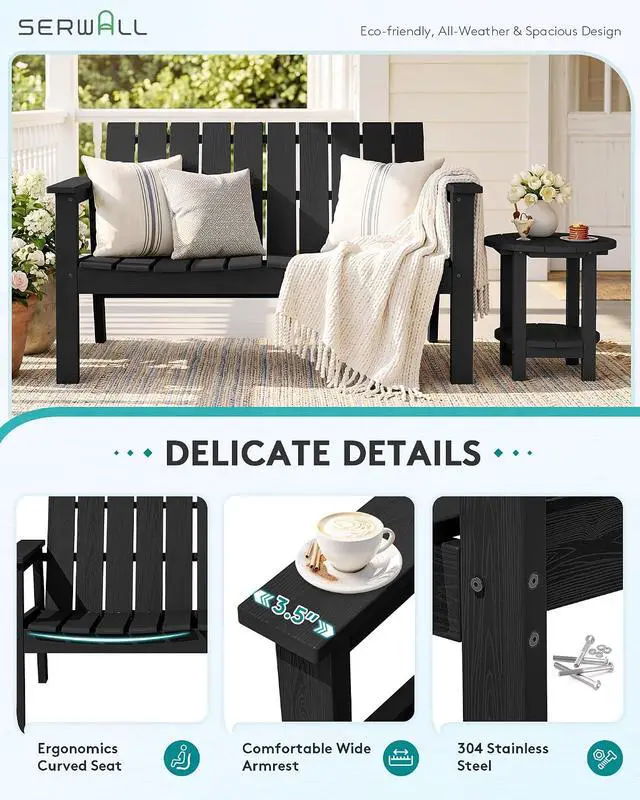 Alt view image 3 of 7 - HDPE Outdoor Bench, 2-Person All-Weather Outdoor Bench, Patio Garden Bench with 660 lbs Capacity, Outdoor Patio Bench for Deck, Lawn, Garden, Black