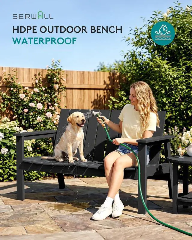 Alt view image 4 of 7 - HDPE Outdoor Bench, 2-Person All-Weather Outdoor Bench, Patio Garden Bench with 660 lbs Capacity, Outdoor Patio Bench for Deck, Lawn, Garden, Black