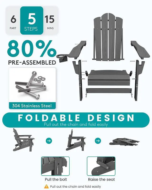 Alt view image 7 of 7 - Adjustable Folding Adirondack Chairs Set of 2, HDPE Reclining Adirondack Chairs with Cup Holder for Outdoor, Patio, Backyard Deck, Gray