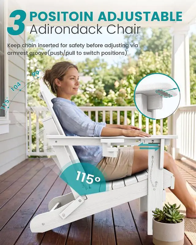 Alt view image 4 of 7 - Adjustable Folding Adirondack Chairs Set of 2, HDPE Reclining Adirondack Chairs with Cup Holder for Outdoor, Patio, Backyard Deck, White