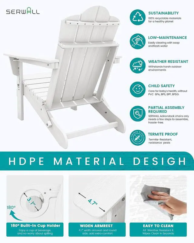 Alt view image 5 of 7 - Adjustable Folding Adirondack Chairs Set of 2, HDPE Reclining Adirondack Chairs with Cup Holder for Outdoor, Patio, Backyard Deck, White