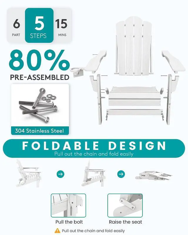 Alt view image 7 of 7 - Adjustable Folding Adirondack Chairs Set of 2, HDPE Reclining Adirondack Chairs with Cup Holder for Outdoor, Patio, Backyard Deck, White