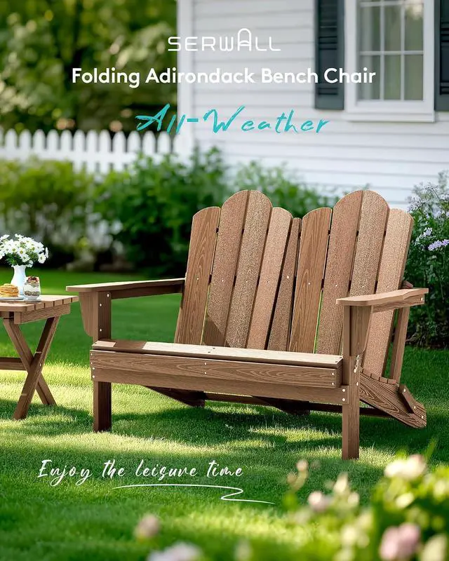 Alt view image 2 of 7 - Folding Adirondack Bench, HDPE All-Weather Adirondack Loveseat Set of 2, Brown