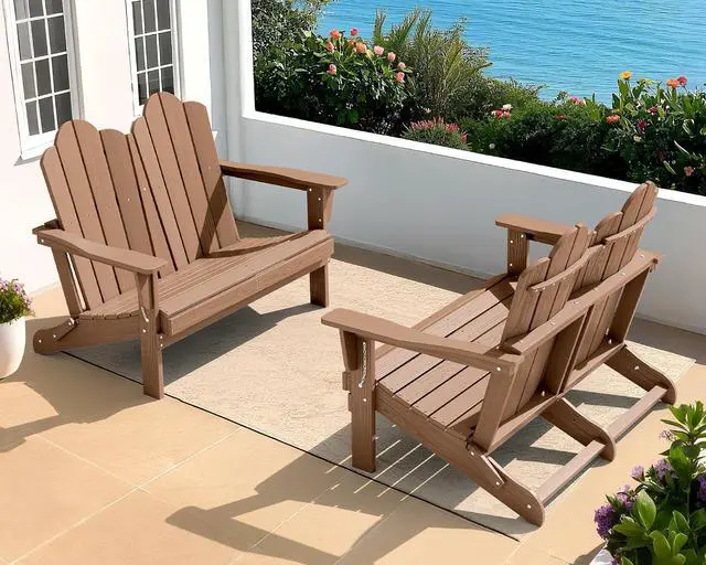 Main image of Folding Adirondack Bench, HDPE All-Weather Adirondack Loveseat Set of 2, Brown