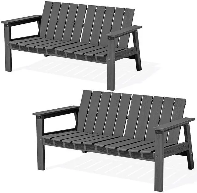 Main image of HDPE Outdoor Bench Set of 2, 2-Person All-Weather Patio Garden Bench with 660 lbs Capacity, Curved Seat, Outdoor Patio Bench for Deck, Lawn, Garden, Grey
