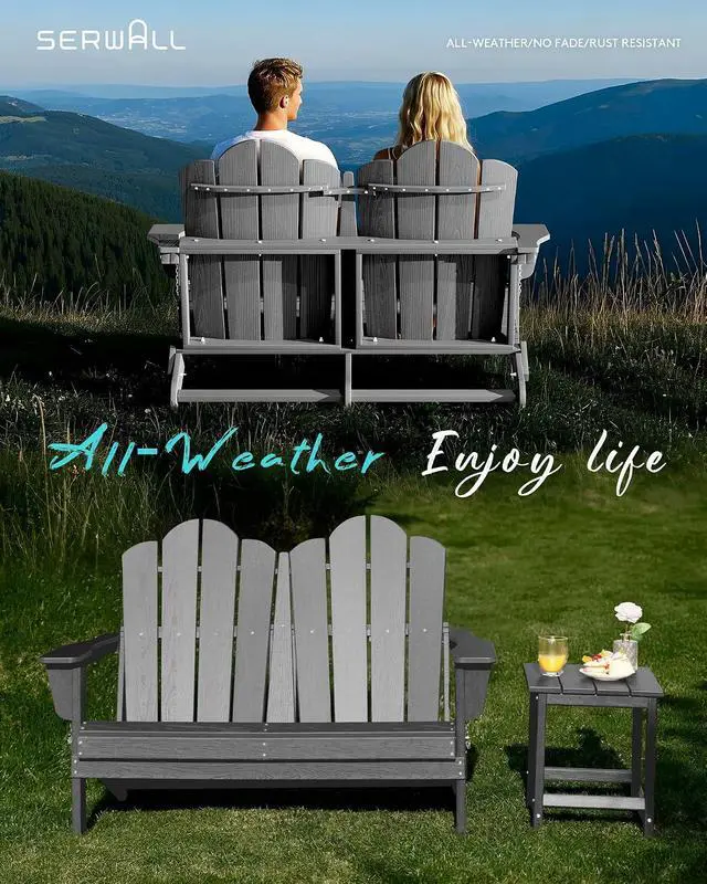 Alt view image 7 of 7 - Folding Adirondack Bench, HDPE All-Weather Adirondack Loveseat Set of 2, Grey