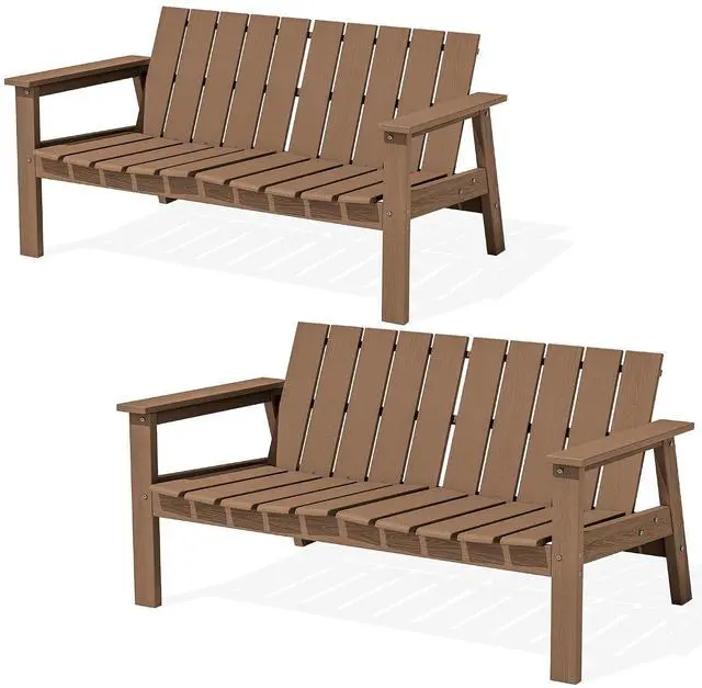 Main image of HDPE Outdoor Bench Set of 2, 2-Person All-Weather Patio Garden Bench with 660 lbs Capacity, Curved Seat, Outdoor Patio Bench for Deck, Lawn, Garden, Brown