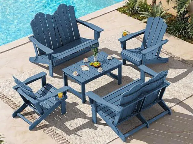 Main image of 5 Pieces HDPE Patio Adirondack Chair Set, 2 Adirondack Chair with Cup Holder & 2 Adirondack Bench & 1 Coffee Table with Umbrella Hole, Navy