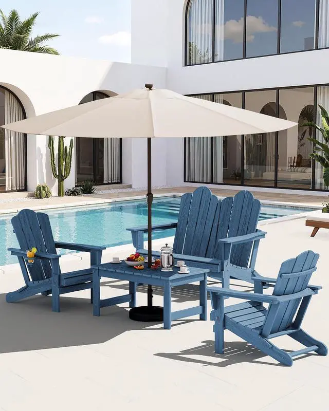 Alt view image 2 of 7 - 4 Pieces HDPE Patio Adirondack Chair Set, 2 Adirondack Chair with Cup Holder & 1 Adirondack Bench & 1 Coffee Table with Umbrella Hole, Navy