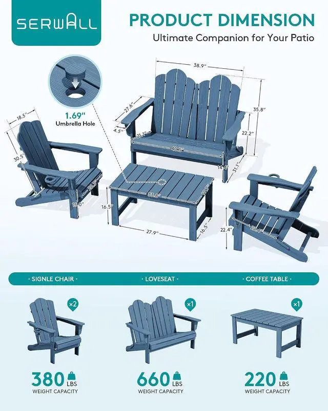 Alt view image 3 of 7 - 4 Pieces HDPE Patio Adirondack Chair Set, 2 Adirondack Chair with Cup Holder & 1 Adirondack Bench & 1 Coffee Table with Umbrella Hole, Navy