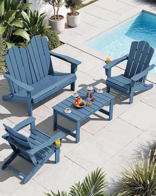Main image of 4 Pieces HDPE Patio Adirondack Chair Set, 2 Adirondack Chair with Cup Holder & 1 Adirondack Bench & 1 Coffee Table with Umbrella Hole, Navy