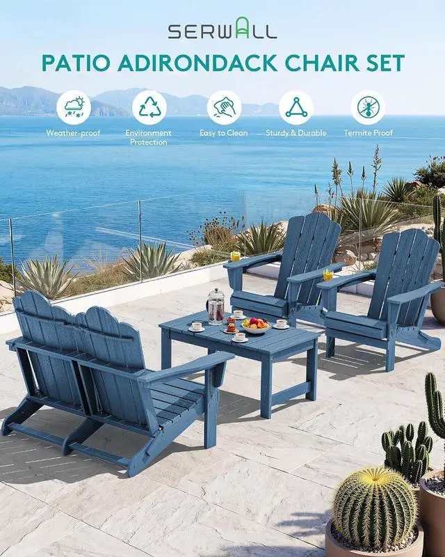Alt view image 4 of 7 - 4 Pieces HDPE Patio Adirondack Chair Set, 2 Adirondack Chair with Cup Holder & 1 Adirondack Bench & 1 Coffee Table with Umbrella Hole, Navy