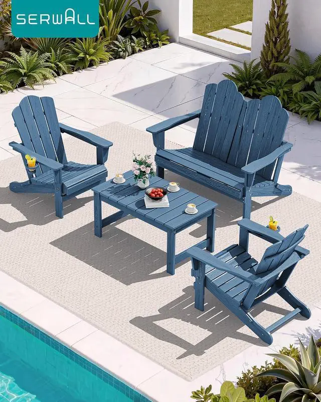 Alt view image 5 of 7 - 4 Pieces HDPE Patio Adirondack Chair Set, 2 Adirondack Chair with Cup Holder & 1 Adirondack Bench & 1 Coffee Table with Umbrella Hole, Navy