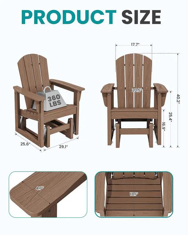 Alt view image 3 of 7 - Outdoor Glider Chair Set of 4, HDPE Wood-Like Patio Glider Rocker All-Weather Porch Glider for Outside, Brown
