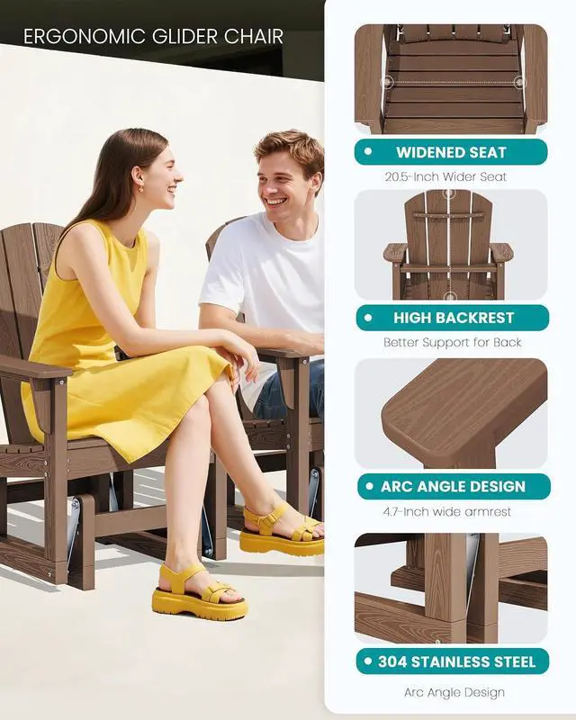 Alt view image 6 of 7 - Outdoor Glider Chair Set of 4, HDPE Wood-Like Patio Glider Rocker All-Weather Porch Glider for Outside, Brown