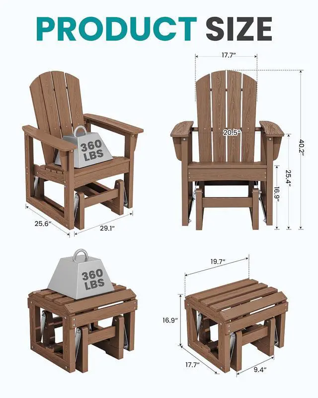 Alt view image 2 of 7 - Outdoor Glider Chair with Ottoman, HDPE Wood-Like Patio Glider Set All-Weather Porch Glider for Outside, Brown