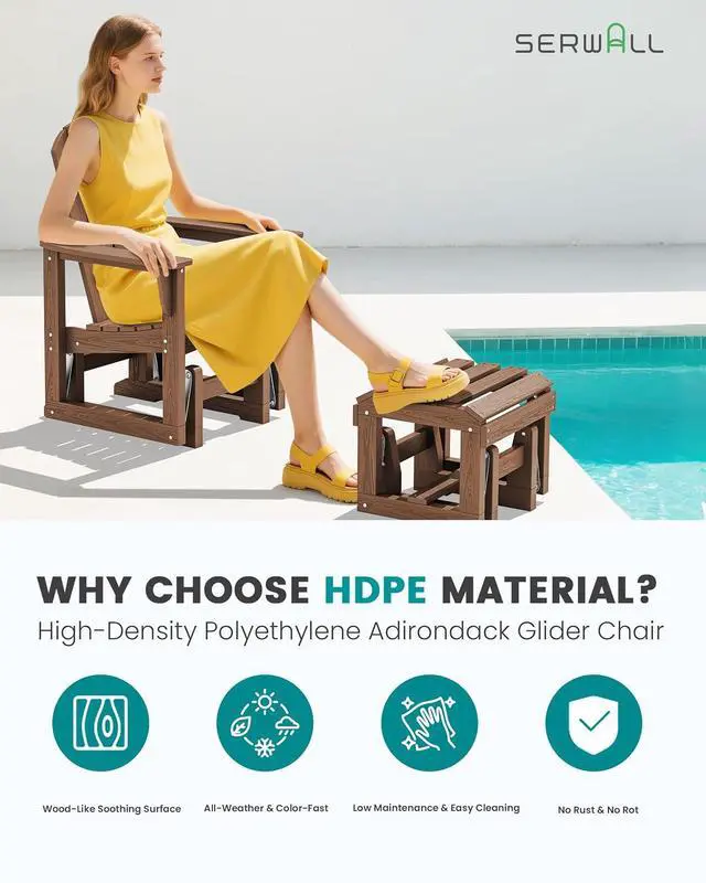 Alt view image 3 of 7 - Outdoor Glider Chair with Ottoman, HDPE Wood-Like Patio Glider Set All-Weather Porch Glider for Outside, Brown