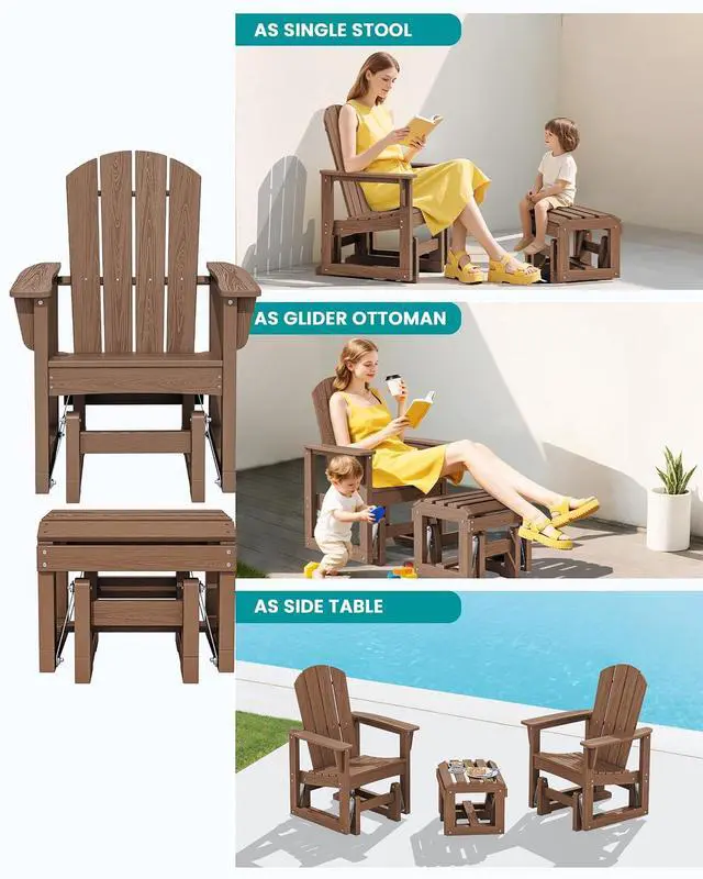 Alt view image 5 of 7 - Outdoor Glider Chair with Ottoman, HDPE Wood-Like Patio Glider Set All-Weather Porch Glider for Outside, Brown