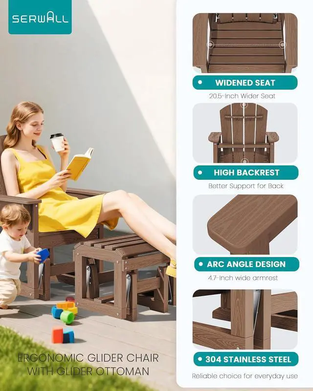 Alt view image 6 of 7 - Outdoor Glider Chair with Ottoman, HDPE Wood-Like Patio Glider Set All-Weather Porch Glider for Outside, Brown