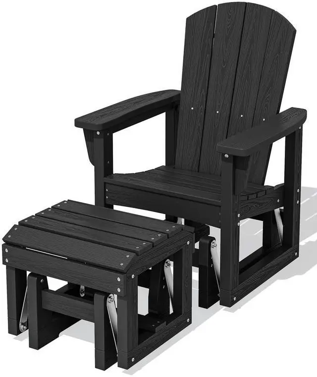 Main image of Outdoor Glider Chair with Ottoman, HDPE Wood-Like Patio Glider Set All-Weather Porch Glider for Outside, Black