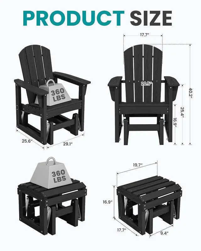 Alt view image 2 of 7 - Outdoor Glider Chair with Ottoman, HDPE Wood-Like Patio Glider Set All-Weather Porch Glider for Outside, Black
