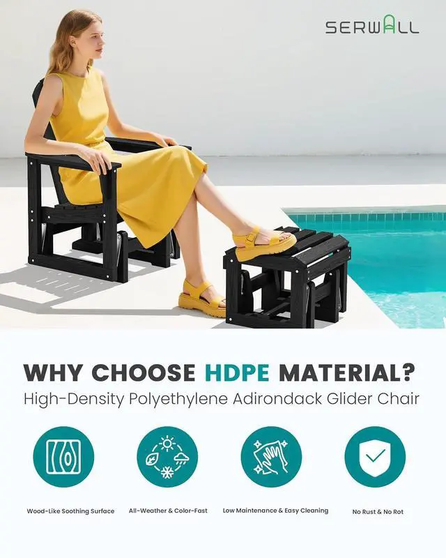 Alt view image 3 of 7 - Outdoor Glider Chair with Ottoman, HDPE Wood-Like Patio Glider Set All-Weather Porch Glider for Outside, Black