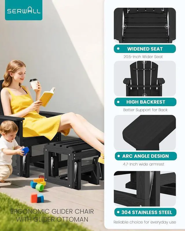 Alt view image 4 of 7 - Outdoor Glider Chair with Ottoman, HDPE Wood-Like Patio Glider Set All-Weather Porch Glider for Outside, Black