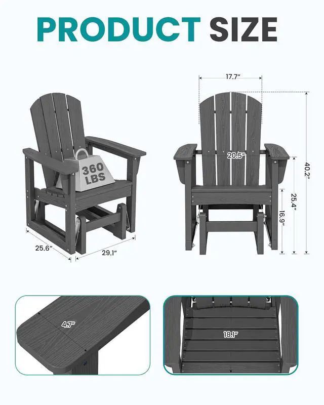 Alt view image 2 of 7 - Outdoor Glider Chair Set of 2, HDPE Wood-Like Patio Glider Rocker All-Weather Porch Glider for Outside, Slate Gray