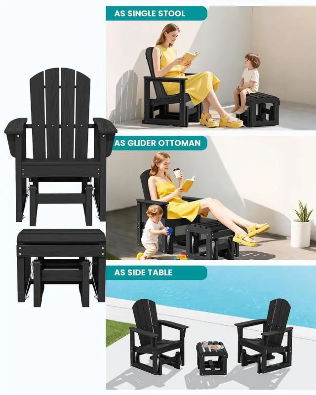 Alt view image 6 of 7 - Outdoor Glider Chair with Ottoman, HDPE Wood-Like Patio Glider Set All-Weather Porch Glider for Outside, Black
