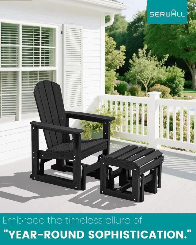 Alt view image 7 of 7 - Outdoor Glider Chair with Ottoman, HDPE Wood-Like Patio Glider Set All-Weather Porch Glider for Outside, Black