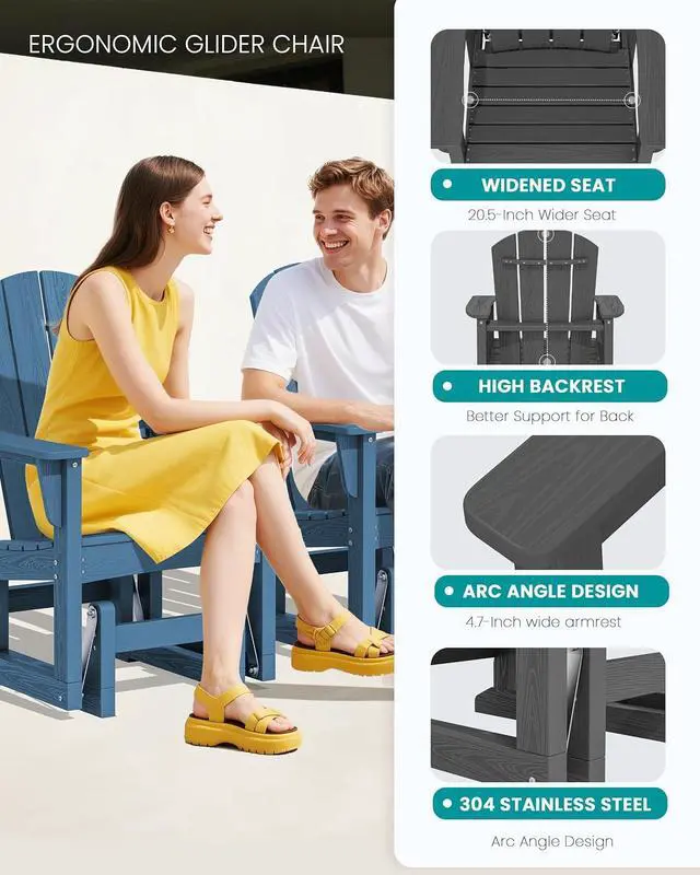 Alt view image 4 of 7 - Outdoor Glider Chair Set of 2, HDPE Wood-Like Patio Glider Rocker All-Weather Porch Glider for Outside, Slate Gray