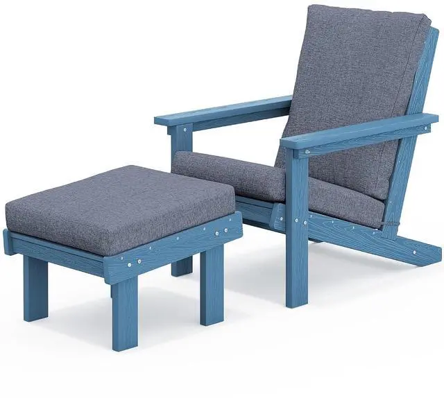 Main image of Adirondack Chair with Cushion and Ottoman -All Weather HDPE Outdoor Adirondack Chair Set, Durable Adirondack Patio Chairs for Garden, Deck, or Poolside- Blue