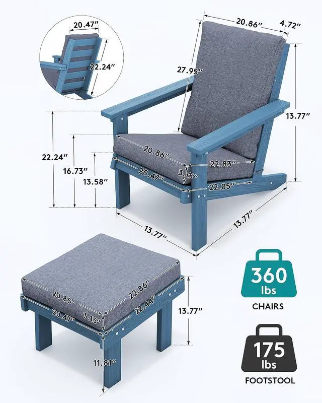Alt view image 2 of 7 - Adirondack Chair with Cushion and Ottoman -All Weather HDPE Outdoor Adirondack Chair Set, Durable Adirondack Patio Chairs for Garden, Deck, or Poolside- Blue