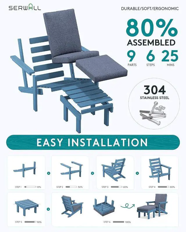 Alt view image 3 of 7 - Adirondack Chair with Cushion and Ottoman -All Weather HDPE Outdoor Adirondack Chair Set, Durable Adirondack Patio Chairs for Garden, Deck, or Poolside- Blue