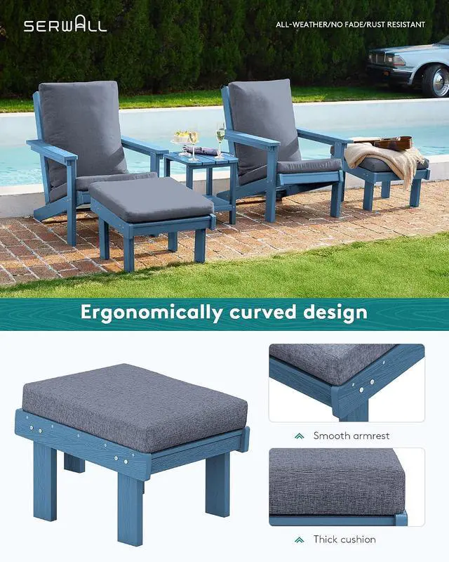 Alt view image 4 of 7 - Adirondack Chair with Cushion and Ottoman -All Weather HDPE Outdoor Adirondack Chair Set, Durable Adirondack Patio Chairs for Garden, Deck, or Poolside- Blue