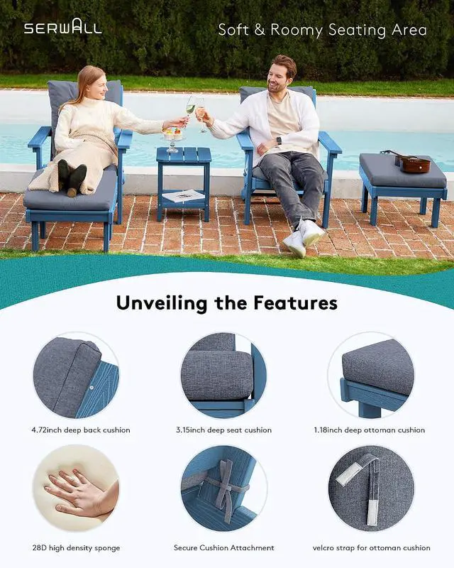 Alt view image 5 of 7 - Adirondack Chair with Cushion and Ottoman -All Weather HDPE Outdoor Adirondack Chair Set, Durable Adirondack Patio Chairs for Garden, Deck, or Poolside- Blue