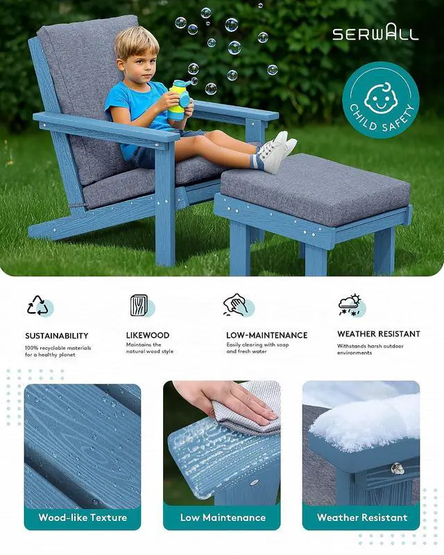 Alt view image 6 of 7 - Adirondack Chair with Cushion and Ottoman -All Weather HDPE Outdoor Adirondack Chair Set, Durable Adirondack Patio Chairs for Garden, Deck, or Poolside- Blue