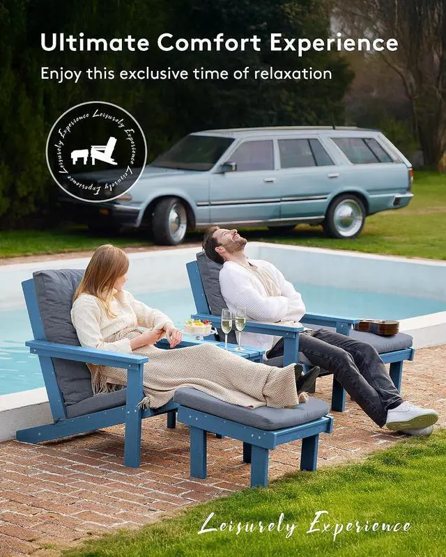 Alt view image 7 of 7 - Adirondack Chair with Cushion and Ottoman -All Weather HDPE Outdoor Adirondack Chair Set, Durable Adirondack Patio Chairs for Garden, Deck, or Poolside- Blue