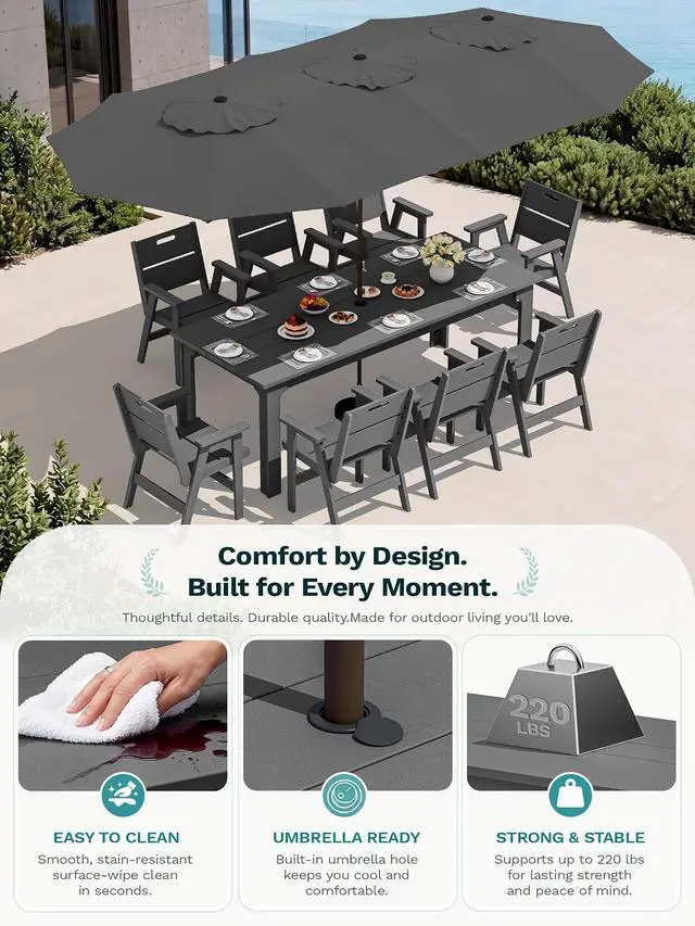 Alt view image 6 of 7 - 10-Piece Outdoor Dining Set, All-Weather HDPE Patio Furniture with 76" Rectangular Dining Table, 8 Arm Chairs & 1 15FT Umbrella (Base Not Included), Heavy Duty Patio Dining Sets, Gray
