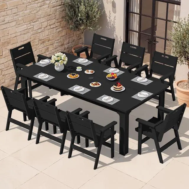 Main image of HDPE Outdoor Dining Set for 8, 9 Pieces All-Weather Patio Furniture Set with Rectangular Dining Table and 8 Chairs, Water & Fade Resistant Outdoor Dining Set for Backyard, Deck, Balcony, Black