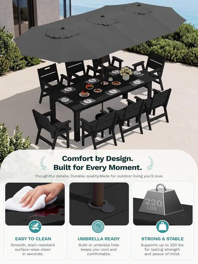 Alt view image 6 of 7 - HDPE Outdoor Dining Set for 8, 9 Pieces All-Weather Patio Furniture Set with Rectangular Dining Table and 8 Chairs, Water & Fade Resistant Outdoor Dining Set for Backyard, Deck, Balcony, Black